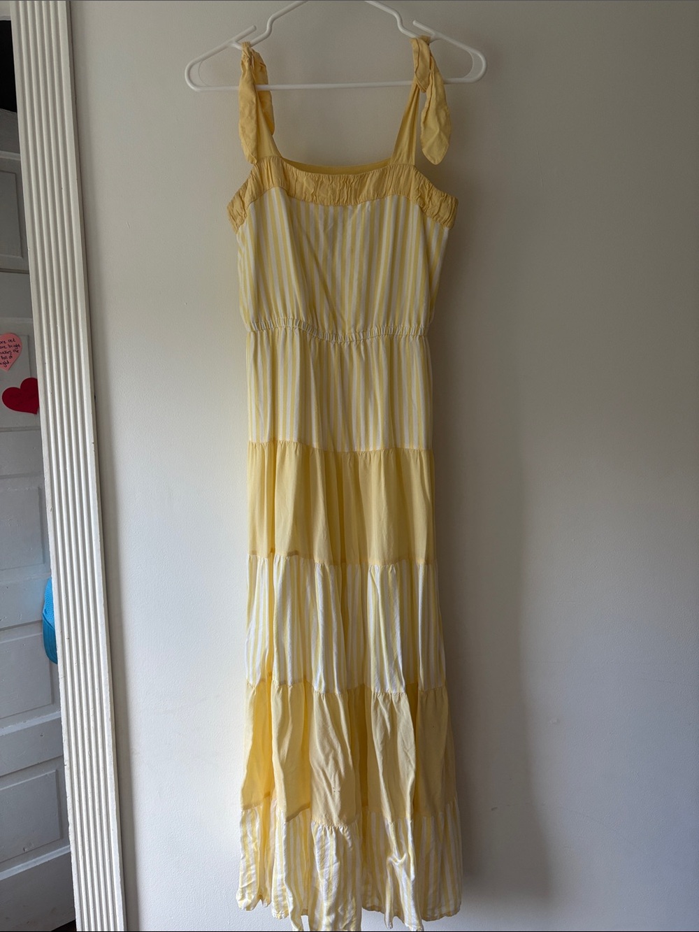 Gal Meets Glam Yellow and White Striped Tie-Shoulder Tiered Maxi Dress